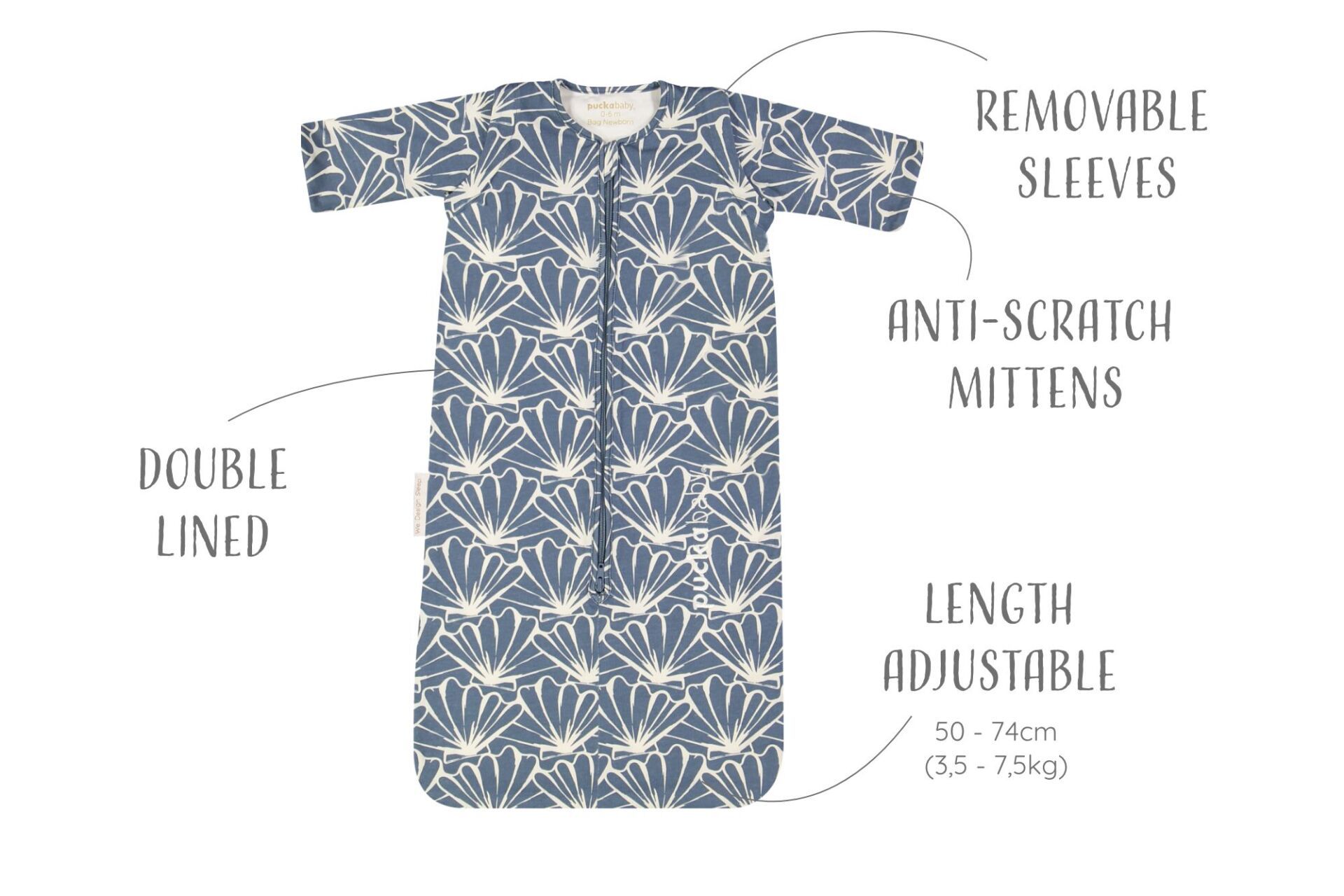 Puckababy the Bag Newborn, 0-6 mdr. / 70 cm, bomuld, seashell denim