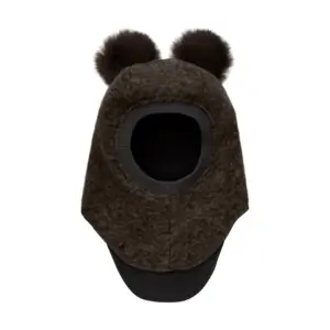 Uld Alpaca Balaclava Pompoms - Dark brown melange - 2-4 ÅR