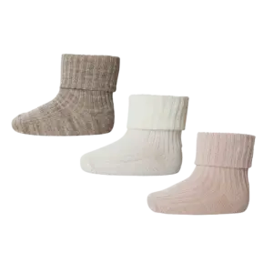 Uld rib baby strømpe 3 pak - Light Brown Melange - 17/18
