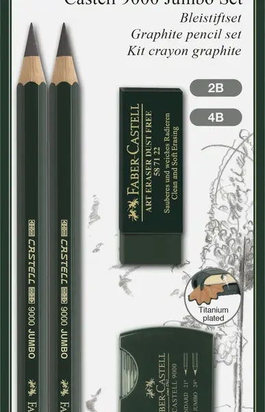 Blyant sæt pitt Faber-Castell 9000 jumbo 2 ass spidser+visk.