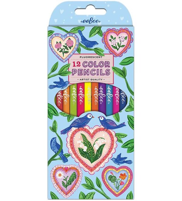 Eeboo Farveblyanter - 12 Stk. - Neon - Hearts & Birds Eeboo Farveblyanter - 12 Stk. - Neon - Hearts & Birds