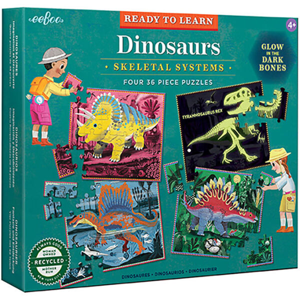 Eeboo Puslespil - Lyser i Mørke - 4x36 Brikker - Dinosaurer
