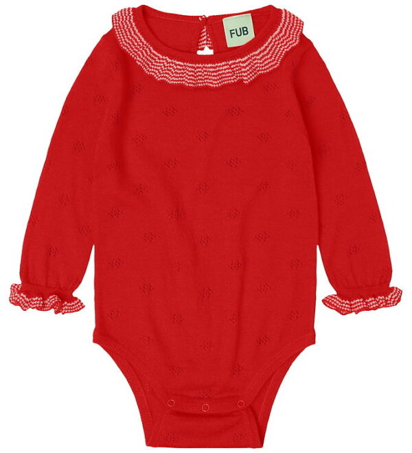 FUB Body l/æ - Ruffle - Strik - Uld - Signal Red m. Hulmønster
