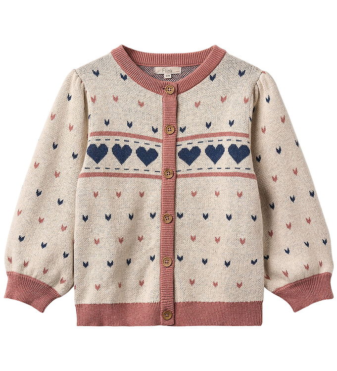 Fliink Cardigan - Bomuld/Uld - Nova - Multi Heart - Sandshell