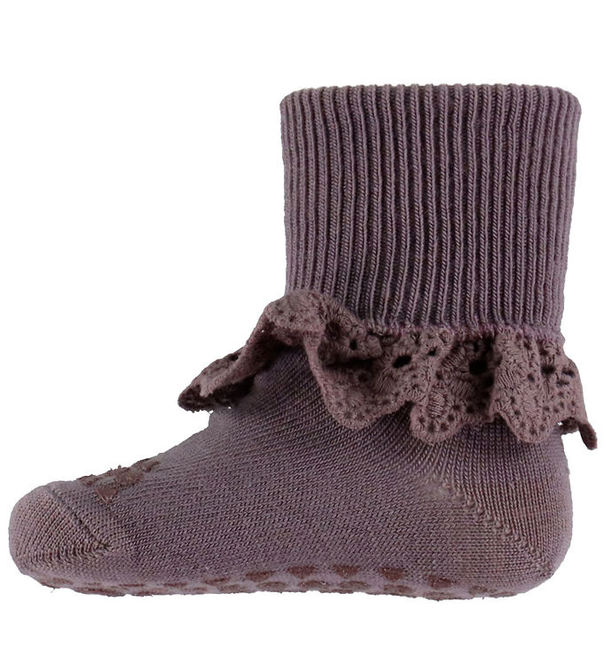 GoBabyGo Skridsikre Strømper - Uld - Dark Purple Dove m. Blonde