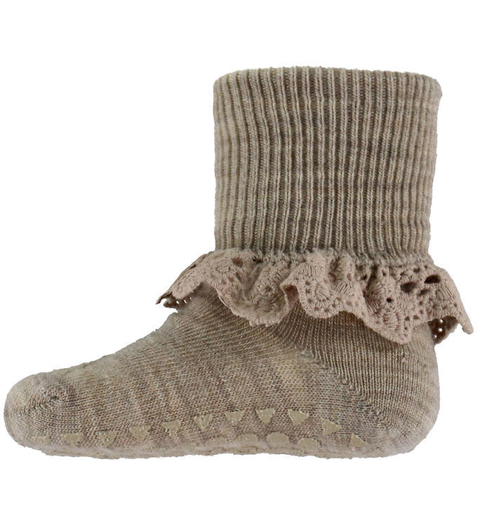 GoBabyGo Skridsikre Strømper - Uld - Lysebrunmeleret m. Blonde