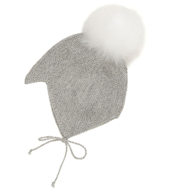 Huttelihut Babyhjelm m. Kvast - Alpakauld - Strik - Gråmeleret Huttelihut Babyhjelm m. Kvast - Alpakauld - Strik - Gråmeleret