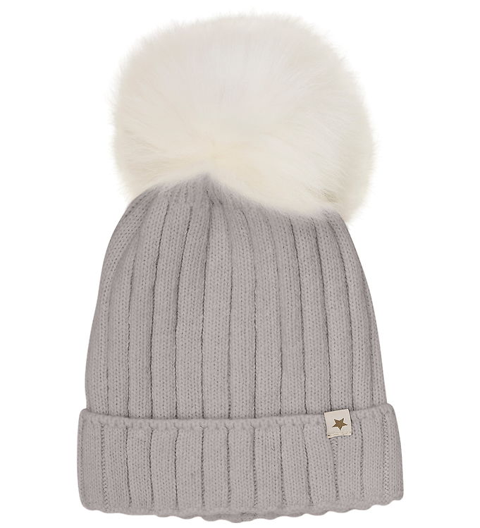 Huttelihut Hue - Uld/Bomuld - Strik - Medium Gråmeleret m. Kvast