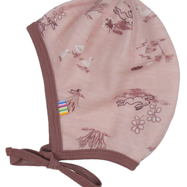 Joha Babyhjelm - Uld/Bambus - Lyserød m. Print