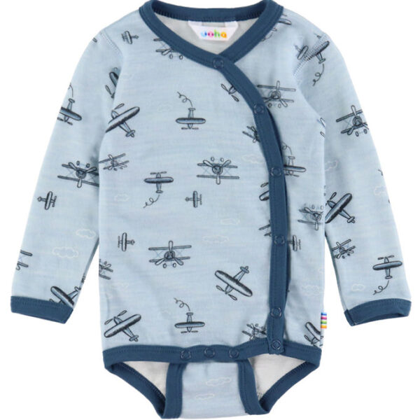 Joha Slå-om Body l/æ - Uld/Bambus - Lyseblå m. Print