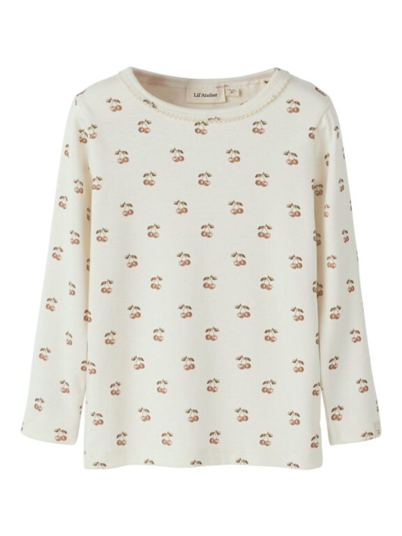Lil Atelier Layo Sig LS Slim Top - Coconut Milk/Cherry - 92 cm