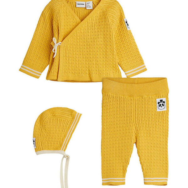 Mini Rodini Sæt - Bluse/Bukser/Babyhjelm - Strik - Gul Mini Rodini Sæt - Bluse/Bukser/Babyhjelm - Strik - Gul