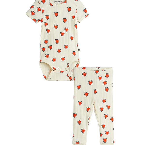 Mini Rodini Sæt - Leggings/Body k/æ - Rib - Offwhite m. Hjerter Mini Rodini Sæt - Leggings/Body k/æ - Rib - Offwhite m. Hjerter