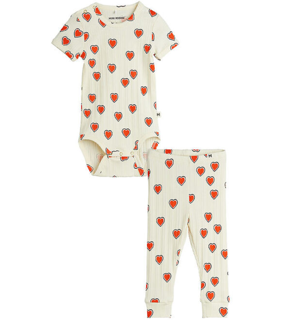 Mini Rodini Sæt - Leggings/Body k/æ - Rib - Offwhite m. Hjerter