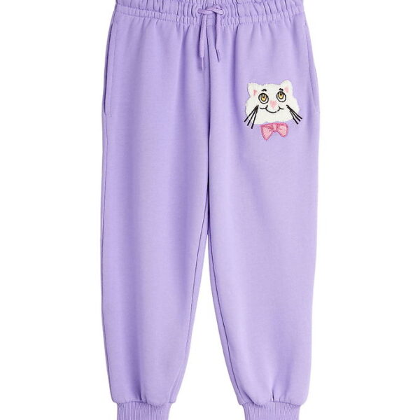 Mini Rodini Sweatpants - Cat With Bowtie Chenille - Lilla