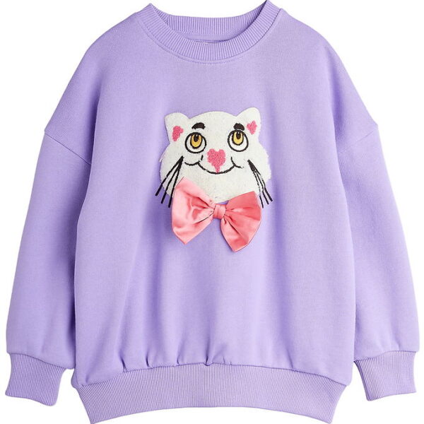 Mini Rodini Sweatshirt - Cat With Bowtie Chenille - Lilla
