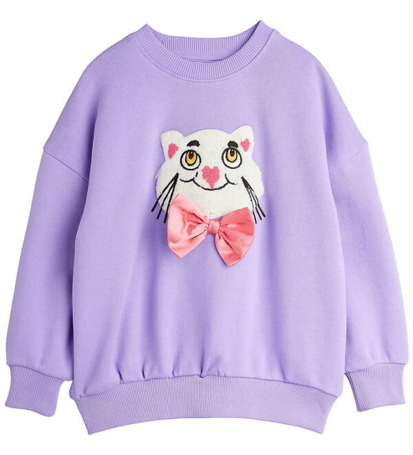 Mini Rodini Sweatshirt - Cat With Bowtie Chenille - Lilla