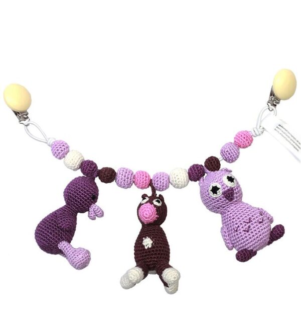 NatureZoo Barnevognskæde - Ugle/Ko/And - Lilla/Lavendel