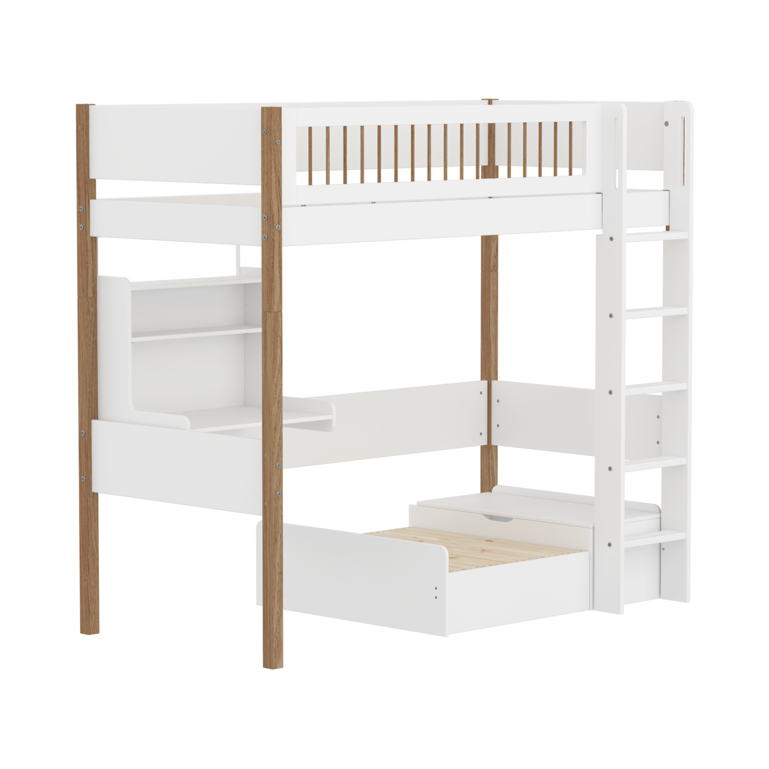 Flexa Nor Casa Højseng Med Crossbar Sengehest, Stige, Skriveborg og Gæsteseng 90x200 Cm- Hvid/eg