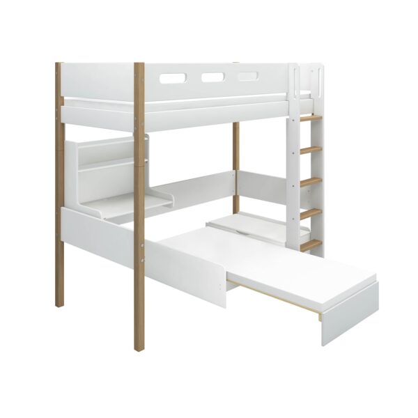 Flexa Nor Casa Højseng Med Cut Out Sengehest, Stige, Skriveborg og Gæsteseng 90x200 cm - Hvid/eg