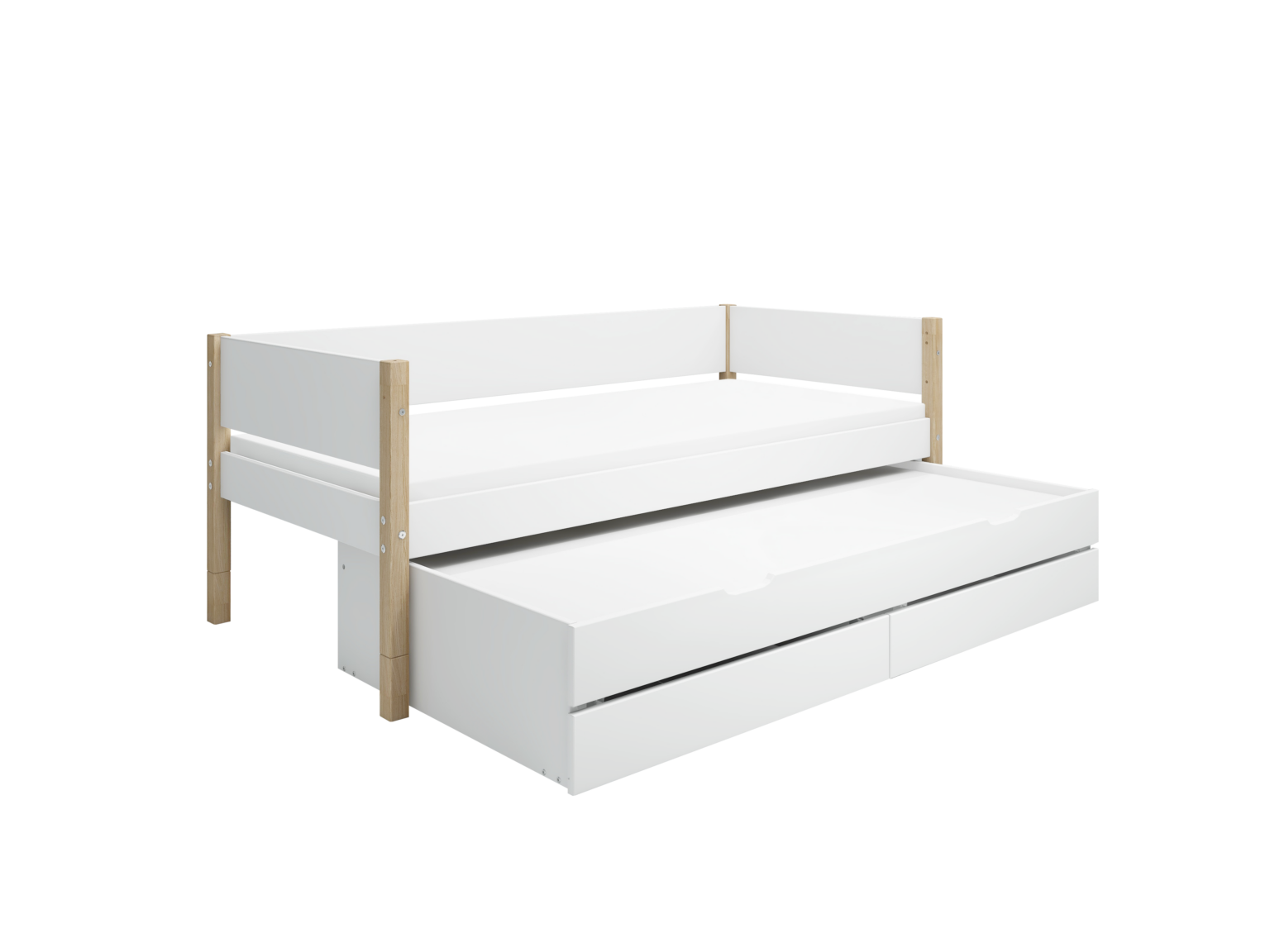 Flexa Nor Enkeltseng 90x200 cm m. Baggavl Incl. 2 Skuffer og Udtræksseng - Hvid/eg