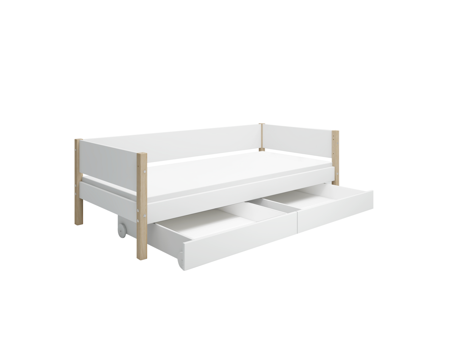 Flexa Nor Enkeltseng 90x200 cm m. Baggavl Incl. 2 Udtræksskuffer - Hvid/eg