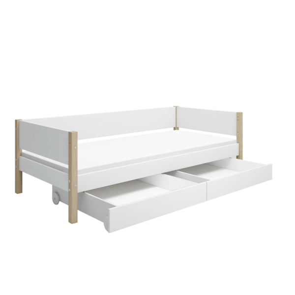Flexa Nor Enkeltseng 90x200 cm m. Baggavl Incl. 2 Udtræksskuffer - Hvid/eg