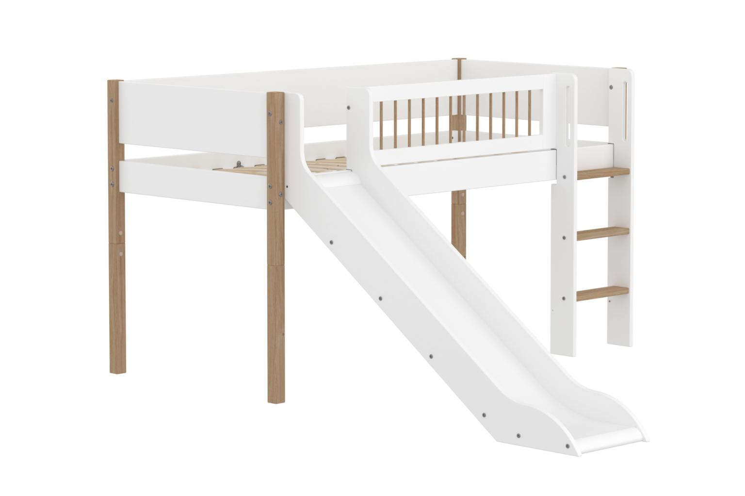 Flexa Nor Halvhøj Seng 120 cm Med Rutchebane, Stige og Crossbar Sengehest 90x200 cm - Hvid/eg