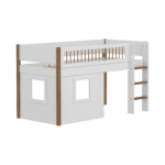 Flexa Nor Halvhøj Seng 120 cm Med Stige, Crossbar Sengehest og Træhytte-sengefronter 90x200 cm - Hvid/eg