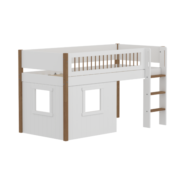 Flexa Nor Halvhøj Seng 120 cm Med Stige, Crossbar Sengehest og Træhytte-sengefronter 90x200 cm - Hvid/eg