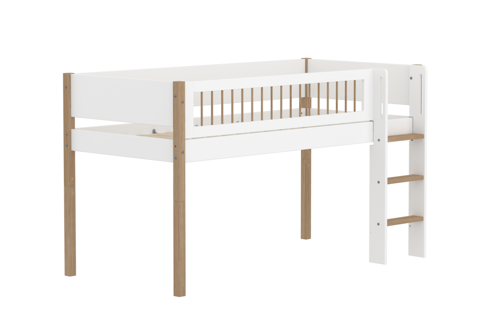 Flexa Nor Halvhøj Seng 120 cm Med Stige og Crossbar Sengehest 90x200 cm - Hvid/eg