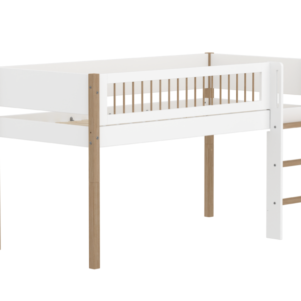 Flexa Nor Halvhøj Seng 120 cm Med Stige og Crossbar Sengehest 90x200 cm - Hvid/eg