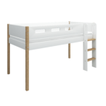 Flexa Nor Halvhøj Seng 120 cm Med Stige og Cut Out Sengehest 90x200 cm - Hvid/eg