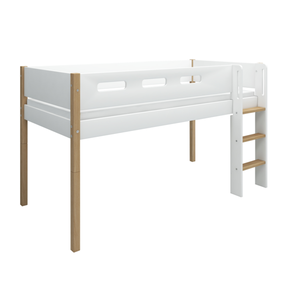 Flexa Nor Halvhøj Seng 120 cm Med Stige og Cut Out Sengehest 90x200 cm - Hvid/eg