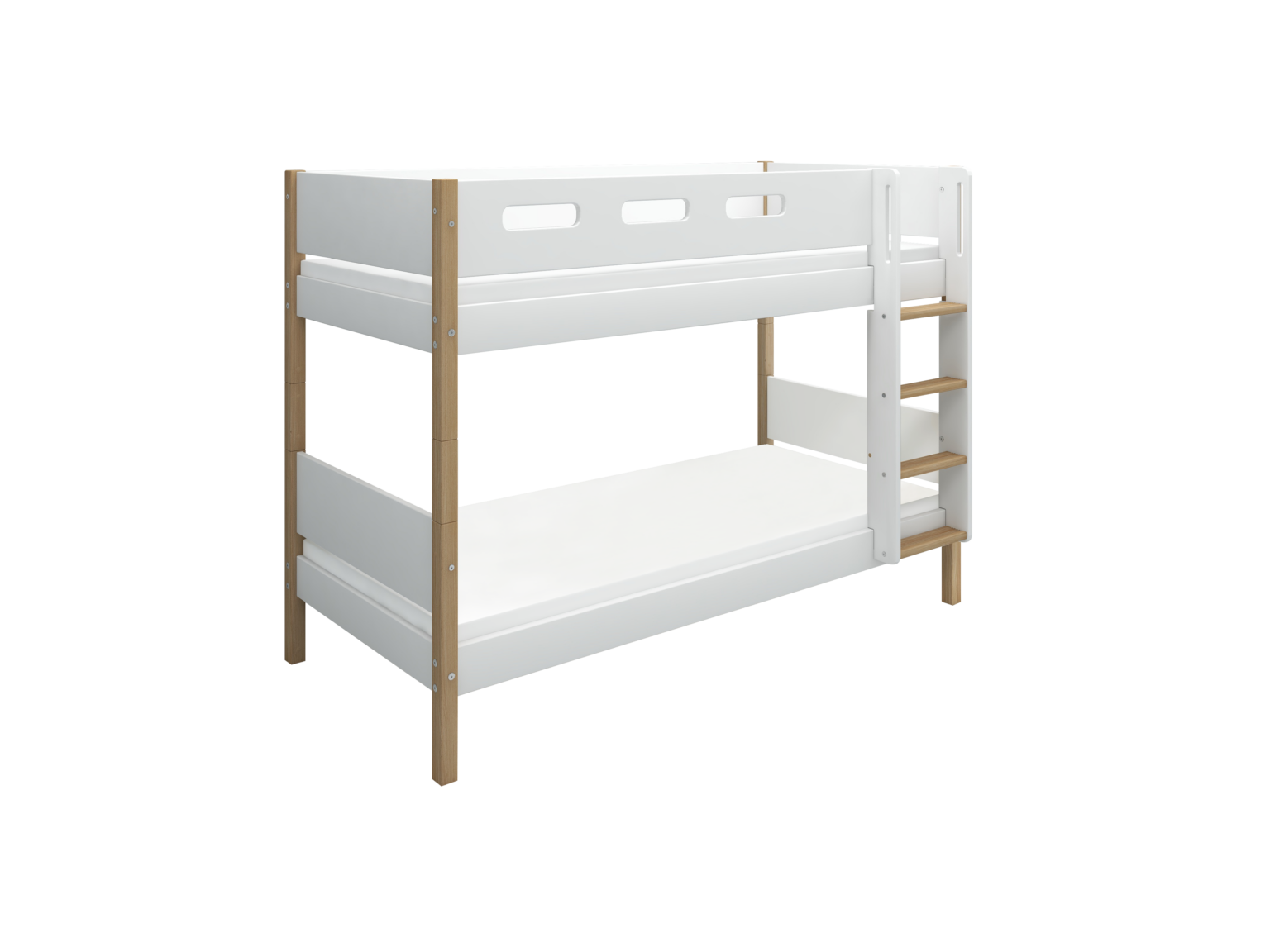 Flexa Nor Køjeseng 154 cm Med Stige og Cut Out Sengehest 90x200 cm - Hvid/eg