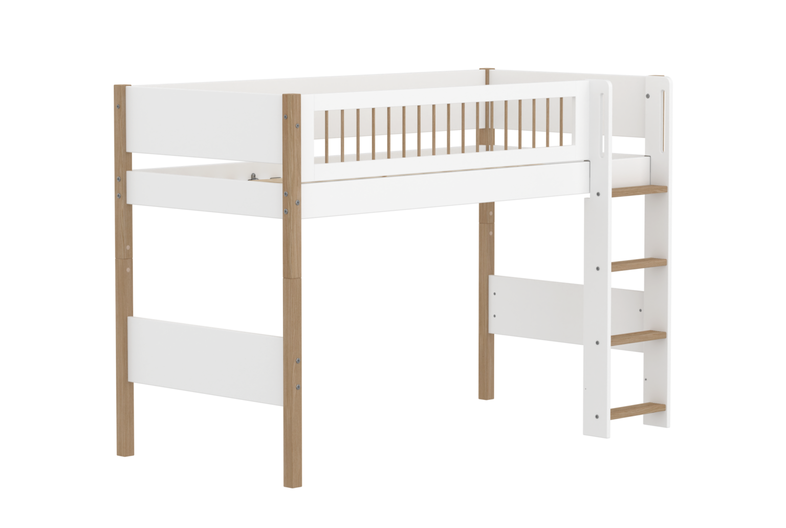 Flexa Nor Mellemhøj Seng 143 cm Med Stige og Crossbar Sengehest 90x200 cm - Hvid/eg