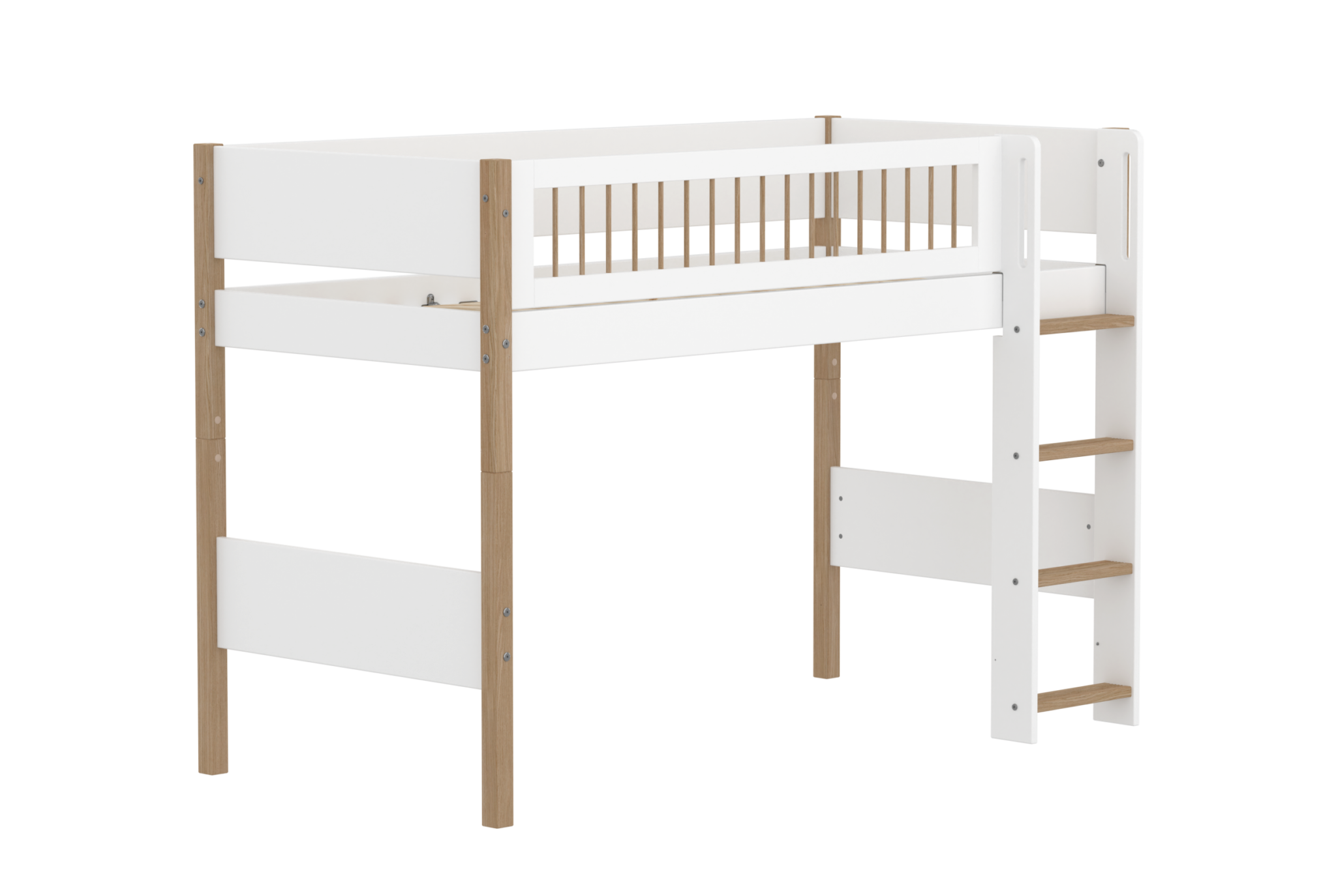Flexa Nor Mellemhøj Seng 143 cm Med Stige og Crossbar Sengehest 90x200 cm - Hvid/eg
