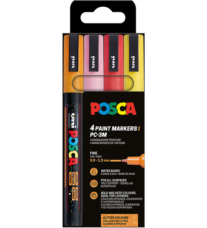 Posca Tuscher - PC-3M - 4 stk. - Orange/Rosa/Rød/Gul m. Glimmer