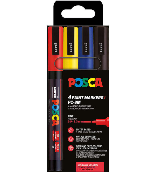 Posca Tuscher - PC-3M - 4 stk. - Rød/Gul/Blå/Sort