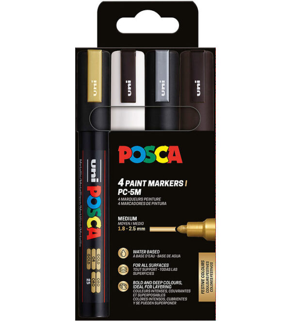 Posca Tuscher - PC-5M - 4 stk. - Sort/Hvid/Sølv/Guld