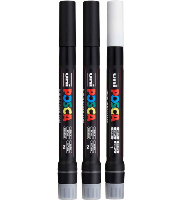 Posca Tuscher m. Pensel-spids - PCF-350 - 3 stk. - Hvid/Sort