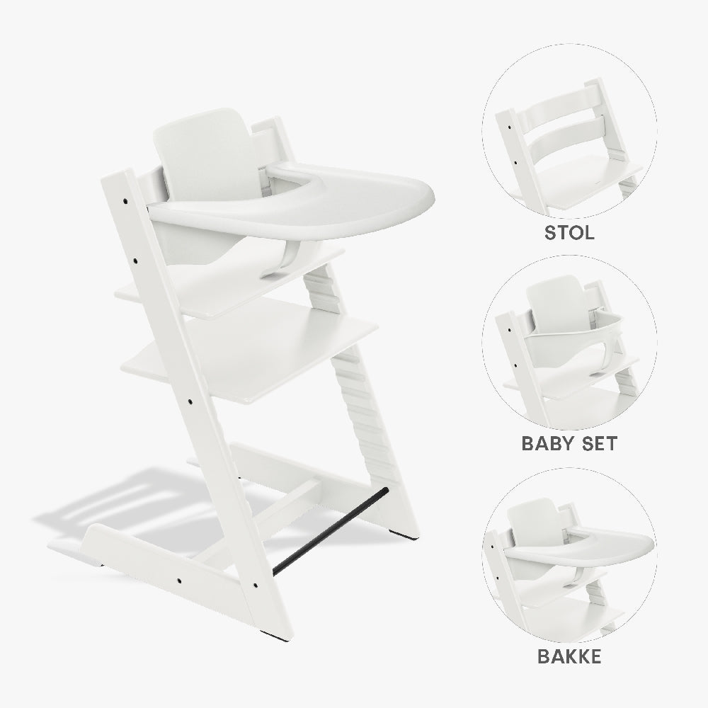 Stokke Tripp Trapp Bundle - Højstol, Babyset og Tray - Hvid