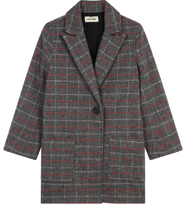 Zadig & Voltaire Frakke - Akryl/Uld - Gråternet m. Rød