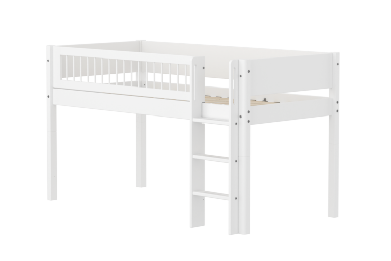 Flexa White Halvhøj Seng 120 cm Med Stige og Crossbar Sengehest 90x200 cm - Hvid