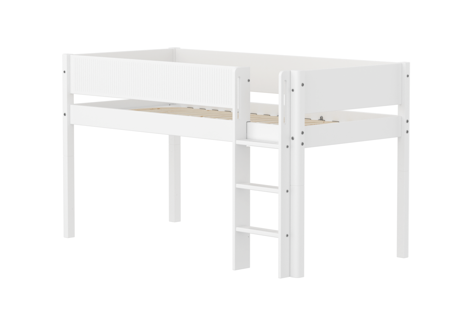 Flexa White Halvhøj Seng 120 cm Med Stige og Grooves Sengehest 90x200 cm - Hvid