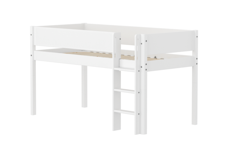 Flexa White Halvhøj Seng 120 cm Med Stige og Grooves Sengehest 90x200 cm - Hvid