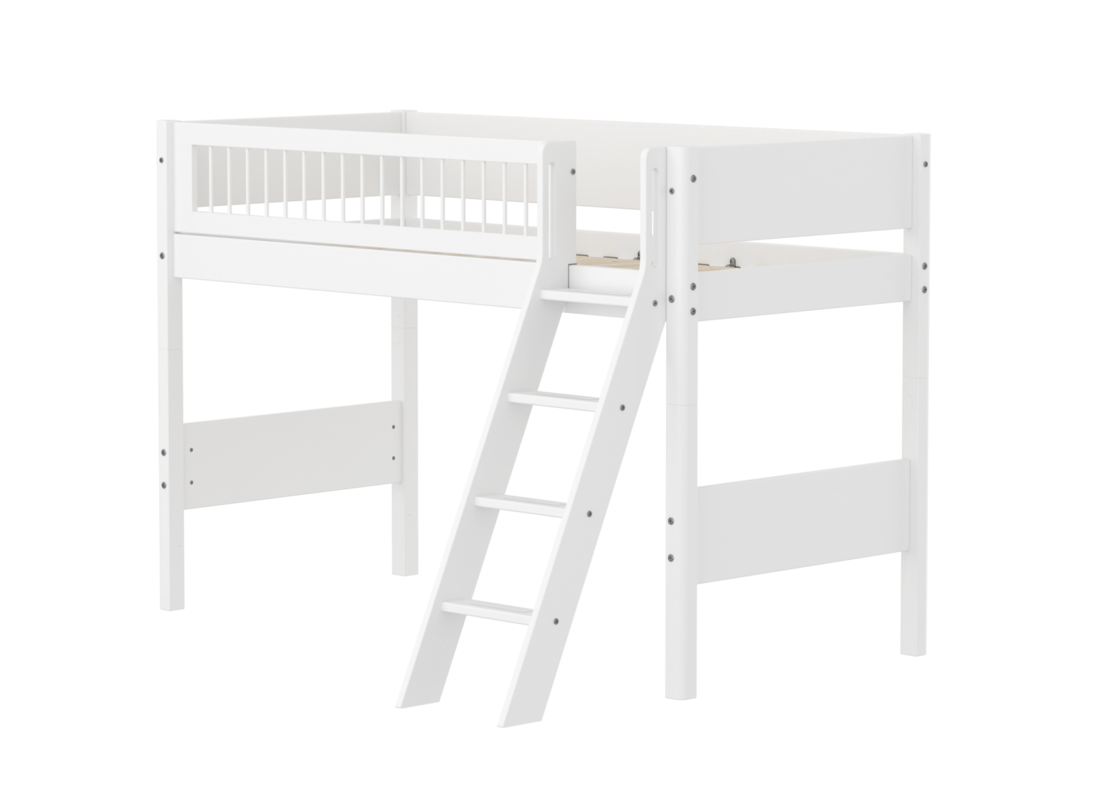 Flexa White Mellemhøj Seng 143 cm Med Skrå Stige og Crossbar Sengehest 90x200 Cm- Hvid