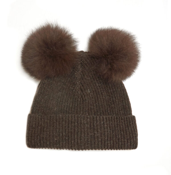 Huttelihut Uld Hue med Alpaca Pompoms - Brown - 2-6 år