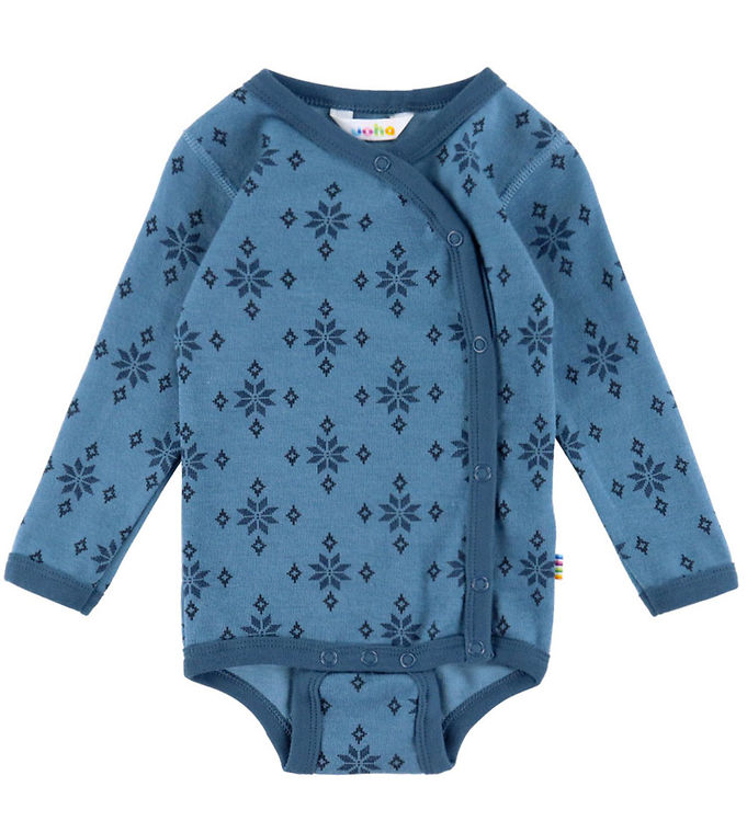 Joha Slå-om Body l/æ - Uld/Bomuld - Blå m. Snefnug