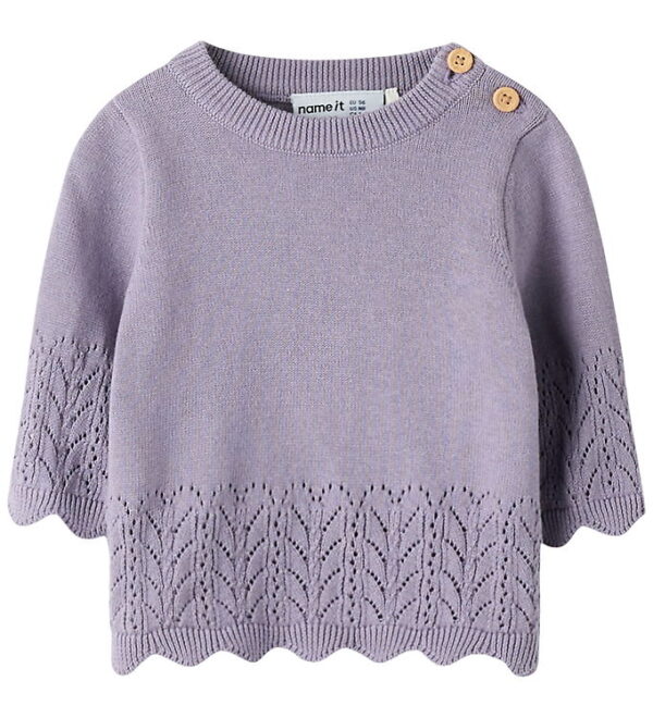 Name It Bluse - Strik - NbfBrit - Lavender Gray m. Hulmønster